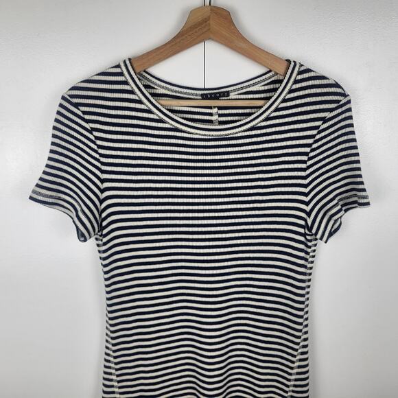 Theory Everyday Black White Cotton Stripe Crewneck T- Shirt Mini Dress | Medium - Picture 5 of 11